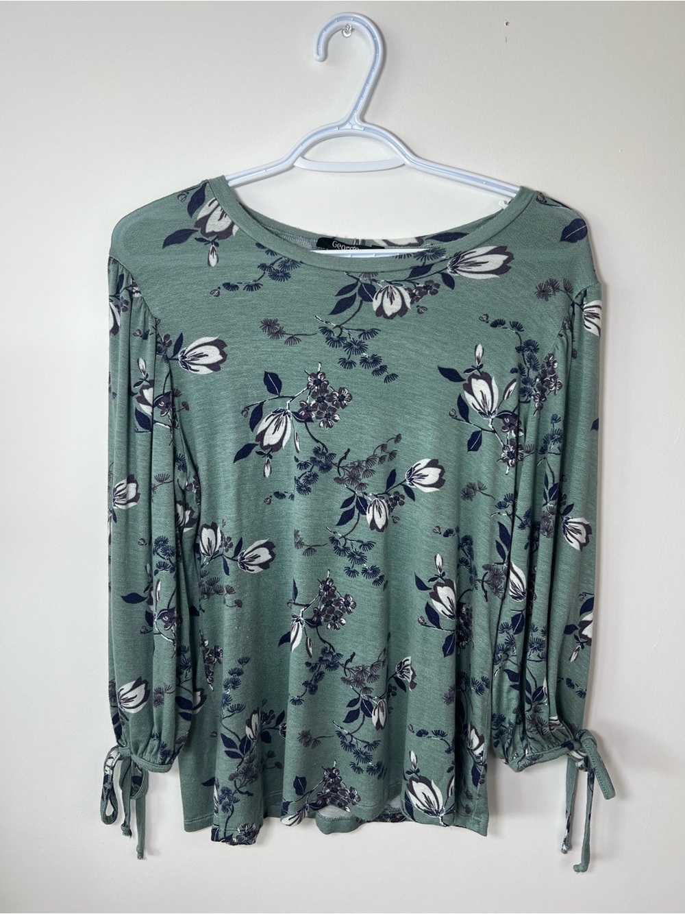 George Sage Green Floral Boatneck Tie Sleeve Women’s Medium Top